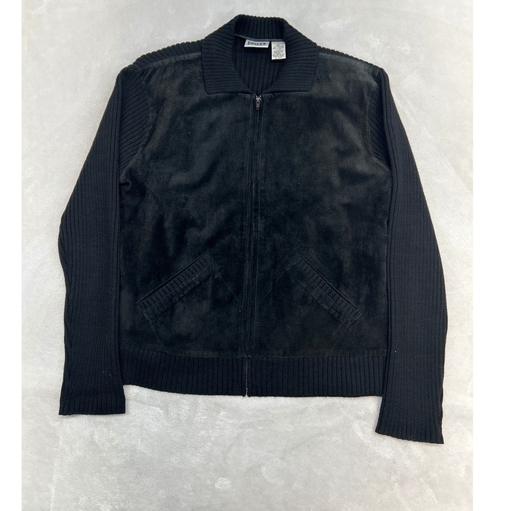 Chicos Jacket Womens 2 Black Leather Suede Ribbed Knit Mixed Media Zip Textured